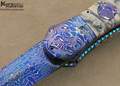 Rainy Vallotton Custom Knives Mammoth Tooth & Blued Damascus Double Action Automatic Linerlock - Image 2