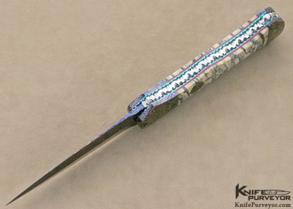 Rainy Vallotton Custom Knives Mammoth Tooth & Blued Damascus Double Action Automatic Linerlock - Image 4