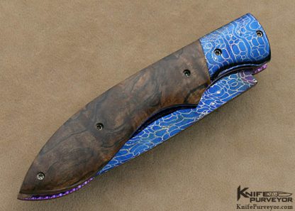 Rainy Vallotton Custom Knives Burlwood & Blued Damascus Double Action Automatic Linerlock - Image 3