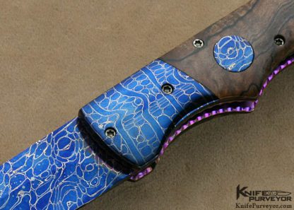 Rainy Vallotton Custom Knives Burlwood & Blued Damascus Double Action Automatic Linerlock - Image 2