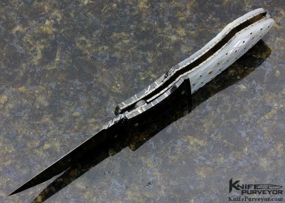 Vernie Reed Custom Knife Piqued Mother of Pearl with Gold Dots and Blued Damascus with Gold Inlays Linerlock - Image 5