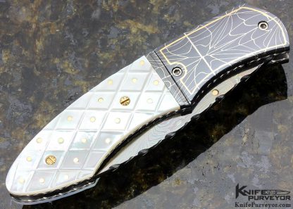Vernie Reed Custom Knife Piqued Mother of Pearl with Gold Dots and Blued Damascus with Gold Inlays Linerlock - Image 3