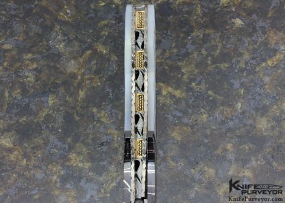 Vernie Reed Custom Knife Piqued Mother of Pearl with Gold Dots and Blued Damascus with Gold Inlays Linerlock - Image 7