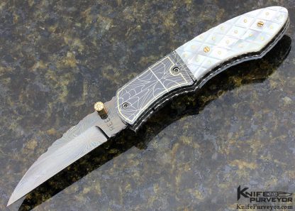 Vernie Reed Custom Knife Piqued Mother of Pearl with Gold Dots and Blued Damascus with Gold Inlays Linerlock