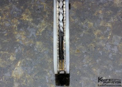 Vernie Reed Custom Knife Piqued Mother of Pearl with Gold Dots and Blued Damascus with Gold Inlays Linerlock - Image 6
