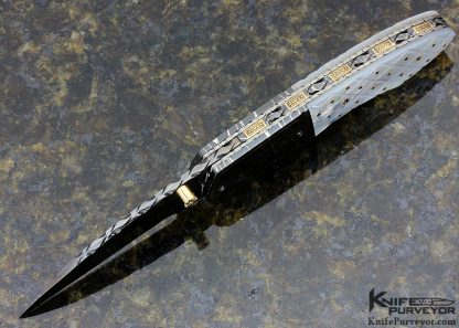 Vernie Reed Custom Knife Piqued Mother of Pearl with Gold Dots and Blued Damascus with Gold Inlays Linerlock - Image 4
