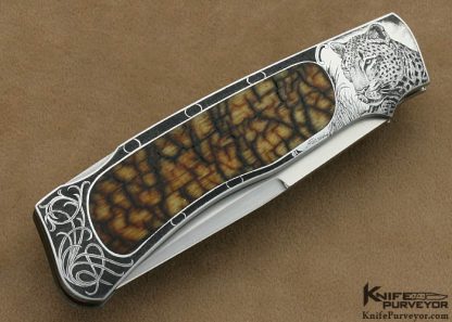 W.D. Pease Custom Knives Big Horn Sheep Horn Interframe Lockback Engraved by Aldo Rizzini - Image 4