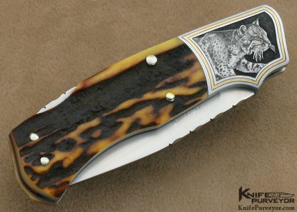 WD Pease Custom Knife Amber Stag Lockback Engraved by Jon Robyn - Image 3