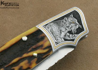 WD Pease Custom Knife Amber Stag Lockback Engraved by Jon Robyn - Image 4