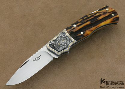 WD Pease Custom Knife Amber Stag Lockback Engraved by Jon Robyn