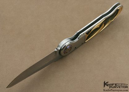 Michael Walker & Wolfgang Loerchner Custom Knife Collaboration Damasteel, Fluted Black Lip Tahitian Pearl Shell & Fluted Solid 14Kt Gold Inlaid Blade Lock - Image 5