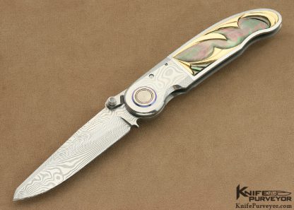 Michael Walker & Wolfgang Loerchner Custom Knife Collaboration Damasteel, Fluted Black Lip Tahitian Pearl Shell & Fluted Solid 14Kt Gold Inlaid Blade Lock