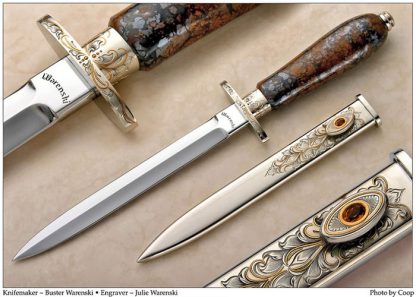 Buster Warenski Custom Knives Julie Warenski Engraved Agate Dagger Featured in David Darom's "Art and Design in Modern Custom Fixed-Blade Knives" Book