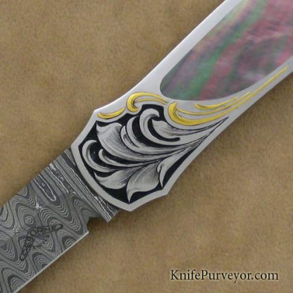 Warren Osborne Custom Knife Blacklip Pearl and Damascus Lockback Engraved by Julie Warenski - Image 2