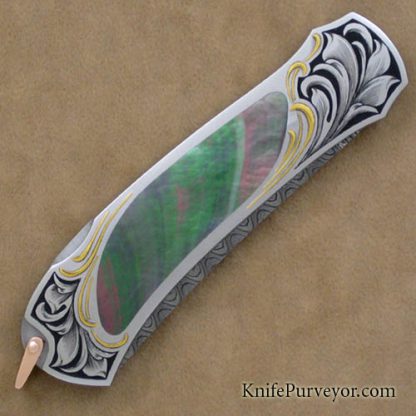 Warren Osborne Custom Knife Blacklip Pearl and Damascus Lockback Engraved by Julie Warenski - Image 3