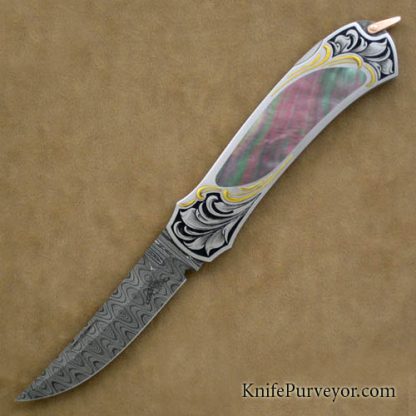 Warren Osborne Custom Knife Blacklip Pearl and Damascus Lockback Engraved by Julie Warenski