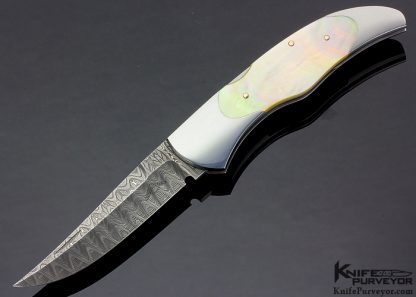 Warren Osborne Custom Knife Persian Gold Lip Pearl Shell & Mike Norris Stainless Damascus Lockback