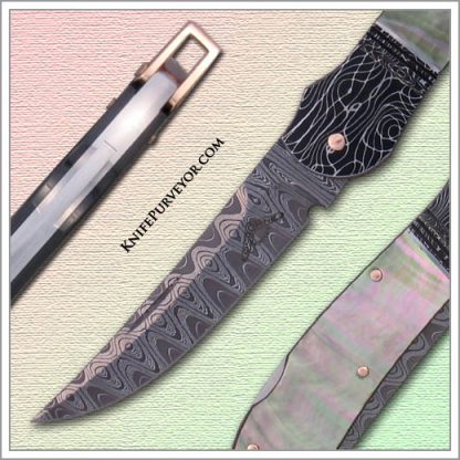 Warren Osborne's Custom Knife: Blacklip Pearl Persian Lockback with Mike Norris Stainless Steel Damascus and Devin Thomas Damascus Bolsters with Rose Gold Pins and Bale - Image 2