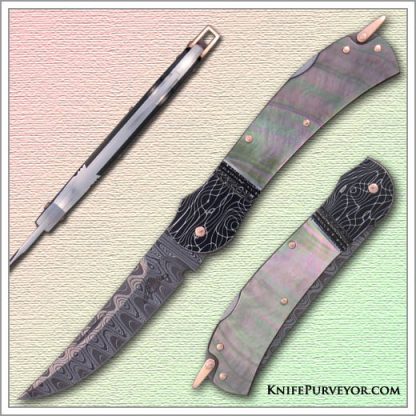 Warren Osborne's Custom Knife: Blacklip Pearl Persian Lockback with Mike Norris Stainless Steel Damascus and Devin Thomas Damascus Bolsters with Rose Gold Pins and Bale