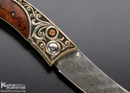 William Henry Custom Knife Limited Edition #12 of 25 B11 Persian "Silver Dawn" Amboyna Burl and Damascus Inlaid Sapphires In Button Lock and Thumb Stud - Image 10