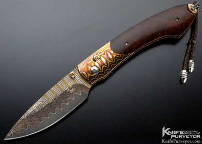 William Henry Custom Knife Upland Desert Ironwood and Copper, Brass and Zinc, Mokume with Core San Mai Damascus Spearpoint Button Lock 14245