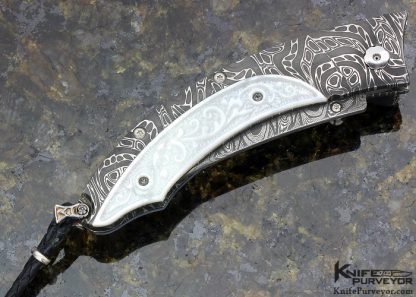 William Henry Custom Knife Limited Edition # 8 of 50 B11 Persian "Ice Storm" Chad Nichols Damascus and Mother or Pearl Button Lock and Sapphire Set In Button Lock and Thumb Stud - Image 3