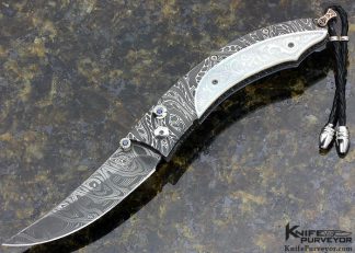 William Henry Custom Knife Limited Edition # 8 of 50 B11 Persian "Ice Storm" Chad Nichols Damascus and Mother or Pearl Button Lock and Sapphire Set In Button Lock and Thumb Stud 15800