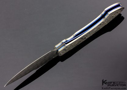 William Henry Custom Knife T12 Mardi Gras with Raindrop Damascus Carved Sterling Silver Beads and Wire-Work Scales and Opal Thumbstud - Image 5