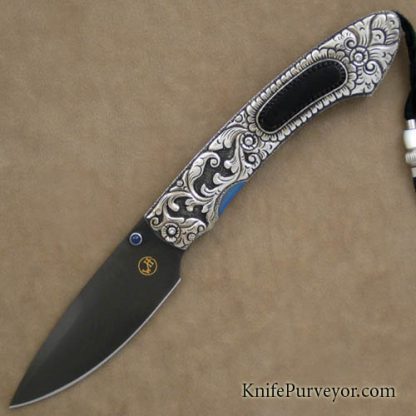 William Henry Custom Knife Carved Silver & Onyx Inlaid Linerlock