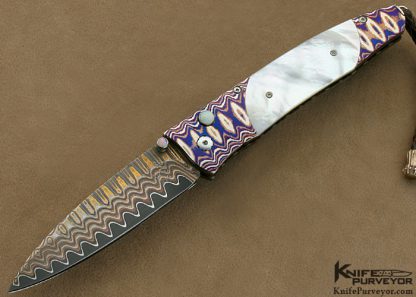 William Henry Custom Knife Mother of Pearl Shell & Copper Wave Damascus & Wave Mokume Button Lock