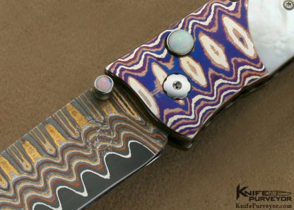 William Henry Custom Knife Mother of Pearl Shell & Copper Wave Damascus & Wave Mokume Button Lock - Image 3