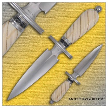 Willie Rigney Custom Knife Fossilized Walrus Ivory Dagger with 24 Kt Gold Braided Wire Engraved by Julie Warenski.