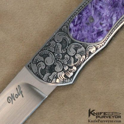 Bill Wolf Custom Knife Bruce Shaw Engraved Charoite Inlaid Lockback - Image 2