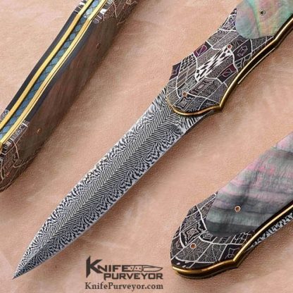 Owen Wood Custom Knives Blacklip Pearl & Chevron Damascus Dagger - Image 2